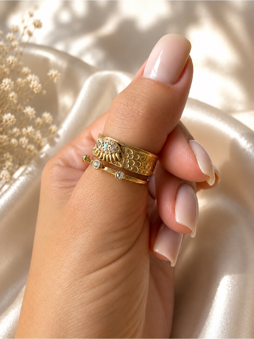 Gold Vintage Stackable Women's Rings - Elegant Crystal evil eye Accent